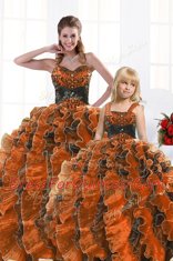 Orange Lace Up Sweetheart Beading and Appliques and Ruffles 15th Birthday Dress Organza Sleeveless