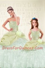 Top Selling Yellow Green Ball Gowns Organza and Taffeta Sweetheart Sleeveless Beading and Ruffled Layers and Hand Made Flower Floor Length Lace Up Sweet 16 Dresses