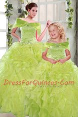 Low Price Strapless Sleeveless Quinceanera Gowns Floor Length Beading and Ruffles Yellow Green Organza