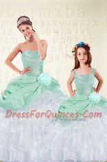 Excellent Floor Length Apple Green Quinceanera Dresses Organza and Taffeta Sleeveless Beading and Ruffles and Hand Made Flower