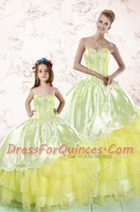 Sleeveless Organza Floor Length Lace Up Vestidos de Quinceanera in Light Yellow with Embroidery and Ruffled Layers