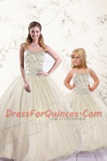 Floor Length Champagne Quince Ball Gowns Sweetheart Sleeveless Lace Up