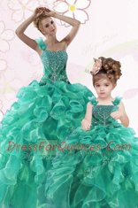 Beauteous One Shoulder Turquoise Organza Lace Up Quinceanera Dress Sleeveless Floor Length Beading and Ruffles