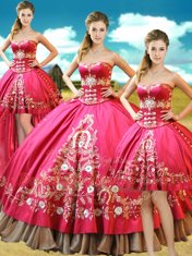 Dramatic Four Piece Floor Length Lace Up Sweet 16 Dresses Hot Pink for Military Ball and Sweet 16 and Quinceanera with Beading and Embroidery