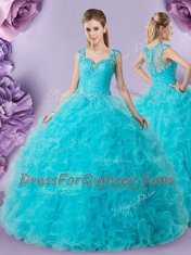Spectacular Straps Floor Length Baby Blue 15th Birthday Dress Tulle Sleeveless Beading and Ruffles