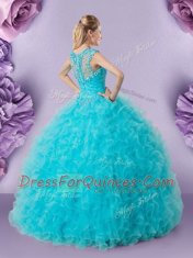 Spectacular Straps Floor Length Baby Blue 15th Birthday Dress Tulle Sleeveless Beading and Ruffles