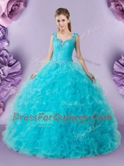 Spectacular Straps Floor Length Baby Blue 15th Birthday Dress Tulle Sleeveless Beading and Ruffles