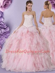 Elegant Baby Pink Ball Gowns Tulle Sweetheart Sleeveless Beading and Lace and Ruffles Floor Length Lace Up Quinceanera Gowns