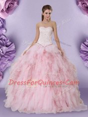 Elegant Baby Pink Ball Gowns Tulle Sweetheart Sleeveless Beading and Lace and Ruffles Floor Length Lace Up Quinceanera Gowns