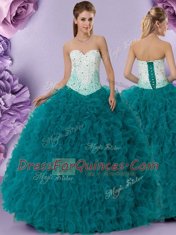 Ball Gowns Sweet 16 Dresses Teal Sweetheart Tulle Sleeveless Floor Length Lace Up