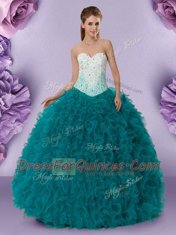 Ball Gowns Sweet 16 Dresses Teal Sweetheart Tulle Sleeveless Floor Length Lace Up