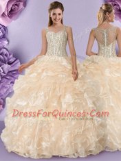 Glorious Straps Beading and Ruffles Sweet 16 Quinceanera Dress Champagne Zipper Sleeveless Floor Length