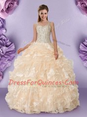 Glorious Straps Beading and Ruffles Sweet 16 Quinceanera Dress Champagne Zipper Sleeveless Floor Length