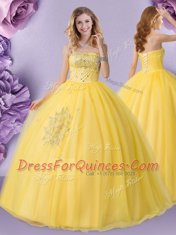 Smart Beading Ball Gown Prom Dress Gold Lace Up Sleeveless Floor Length