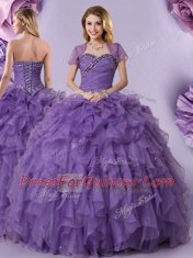 Designer Sleeveless Organza Floor Length Lace Up Quinceanera Gown in Purple with Beading and Ruffles