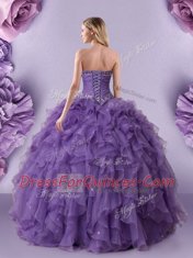Designer Sleeveless Organza Floor Length Lace Up Quinceanera Gown in Purple with Beading and Ruffles