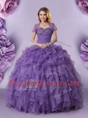 Designer Sleeveless Organza Floor Length Lace Up Quinceanera Gown in Purple with Beading and Ruffles