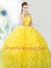 Scoop Floor Length Zipper 15th Birthday Dress Yellow for Military Ball and Sweet 16 and Quinceanera with Beading and Ruffles