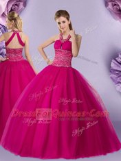 Fantastic Fuchsia Quinceanera Dresses Military Ball and Sweet 16 and Quinceanera and For with Beading Halter Top Sleeveless Lace Up