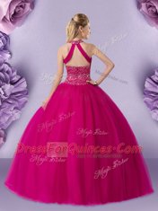 Fantastic Fuchsia Quinceanera Dresses Military Ball and Sweet 16 and Quinceanera and For with Beading Halter Top Sleeveless Lace Up