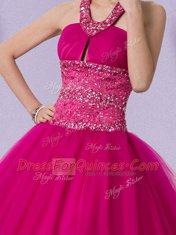 Fantastic Fuchsia Quinceanera Dresses Military Ball and Sweet 16 and Quinceanera and For with Beading Halter Top Sleeveless Lace Up