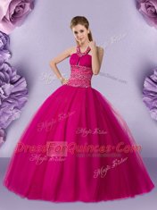 Fantastic Fuchsia Quinceanera Dresses Military Ball and Sweet 16 and Quinceanera and For with Beading Halter Top Sleeveless Lace Up