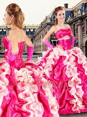 Floor Length Lace Up Quinceanera Dresses Hot Pink for Military Ball and Sweet 16 and Quinceanera with Beading and Ruffles and Pick Ups