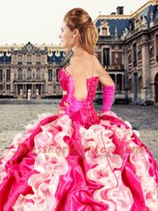 Floor Length Lace Up Quinceanera Dresses Hot Pink for Military Ball and Sweet 16 and Quinceanera with Beading and Ruffles and Pick Ups