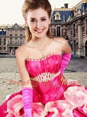 Floor Length Lace Up Quinceanera Dresses Hot Pink for Military Ball and Sweet 16 and Quinceanera with Beading and Ruffles and Pick Ups