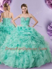 Apple Green Organza Lace Up Ball Gown Prom Dress Sleeveless Floor Length Beading and Ruffles and Pick Ups