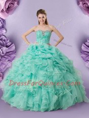 Apple Green Organza Lace Up Ball Gown Prom Dress Sleeveless Floor Length Beading and Ruffles and Pick Ups