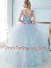 V-neck Sleeveless Lace Up Quinceanera Gown Light Blue Tulle