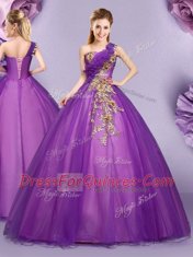 Latest One Shoulder Floor Length Ball Gowns Sleeveless Purple Vestidos de Quinceanera Lace Up