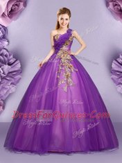 Latest One Shoulder Floor Length Ball Gowns Sleeveless Purple Vestidos de Quinceanera Lace Up