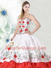 Glamorous Sweetheart Sleeveless Sweet 16 Dress Floor Length Embroidery and Ruffled Layers White and Red Organza and Taffeta