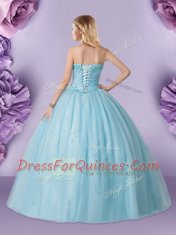 Sexy Light Blue Ball Gowns Sweetheart Sleeveless Tulle Floor Length Lace Up Beading Sweet 16 Dress