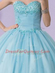 Sexy Light Blue Ball Gowns Sweetheart Sleeveless Tulle Floor Length Lace Up Beading Sweet 16 Dress