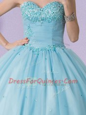 Sexy Light Blue Ball Gowns Sweetheart Sleeveless Tulle Floor Length Lace Up Beading Sweet 16 Dress