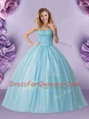 Sexy Light Blue Ball Gowns Sweetheart Sleeveless Tulle Floor Length Lace Up Beading Sweet 16 Dress