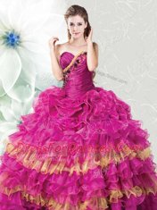 Free and Easy Ruffled Ball Gowns Quinceanera Dress Fuchsia Sweetheart Organza Sleeveless Floor Length Lace Up