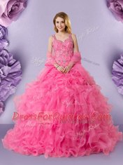 Elegant Straps Hot Pink Sleeveless Organza Lace Up 15 Quinceanera Dress for Military Ball and Sweet 16 and Quinceanera