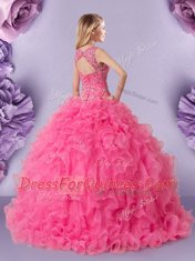 Elegant Straps Hot Pink Sleeveless Organza Lace Up 15 Quinceanera Dress for Military Ball and Sweet 16 and Quinceanera