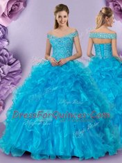 Baby Blue Ball Gowns Organza Off The Shoulder Sleeveless Beading and Lace and Ruffles Floor Length Lace Up Sweet 16 Dress