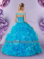Baby Blue Ball Gowns Organza Off The Shoulder Sleeveless Beading and Lace and Ruffles Floor Length Lace Up Sweet 16 Dress