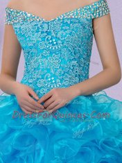 Baby Blue Ball Gowns Organza Off The Shoulder Sleeveless Beading and Lace and Ruffles Floor Length Lace Up Sweet 16 Dress