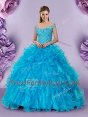 Baby Blue Ball Gowns Organza Off The Shoulder Sleeveless Beading and Lace and Ruffles Floor Length Lace Up Sweet 16 Dress