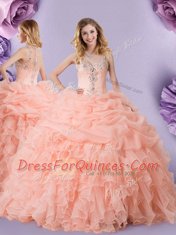 Colorful Peach Organza Zipper Straps Sleeveless Floor Length 15th Birthday Dress Beading and Ruffles and Pick Ups