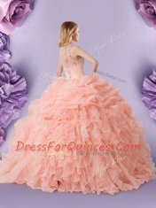 Colorful Peach Organza Zipper Straps Sleeveless Floor Length 15th Birthday Dress Beading and Ruffles and Pick Ups