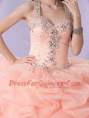 Colorful Peach Organza Zipper Straps Sleeveless Floor Length 15th Birthday Dress Beading and Ruffles and Pick Ups