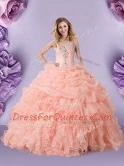 Colorful Peach Organza Zipper Straps Sleeveless Floor Length 15th Birthday Dress Beading and Ruffles and Pick Ups